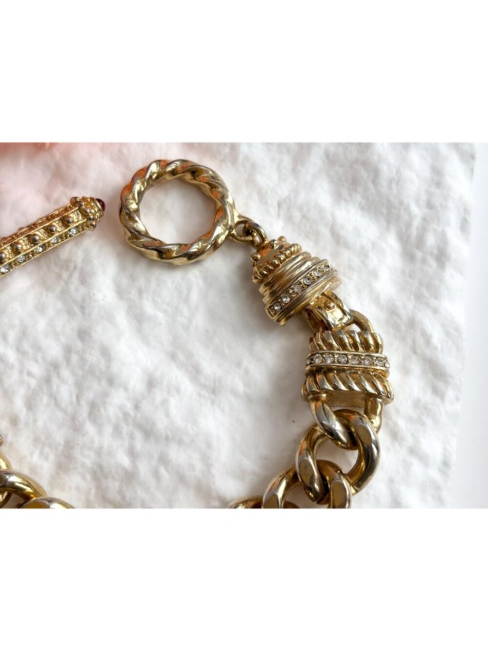 Gold Toned Curb Chain Chunky Rhinestone Accented Vintage 80's Style Bracelet - Picture 5 of 16